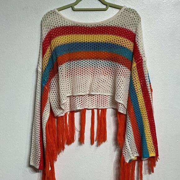 Rainbow Crochet Mesh Fringe Crop Top Poncho Sz S - Picture 3 of 10
